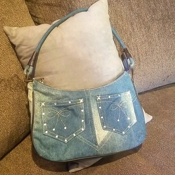 Handbags - Y2K style Denim baguette handbag with rhinestones